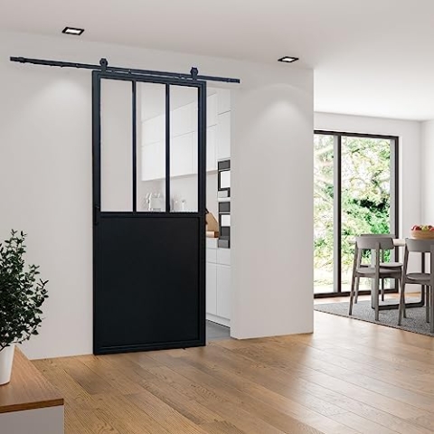 inova Glasschiebetür Komplettset 900x2150mm aus Stahl in schwarz mit Glaseinsatz