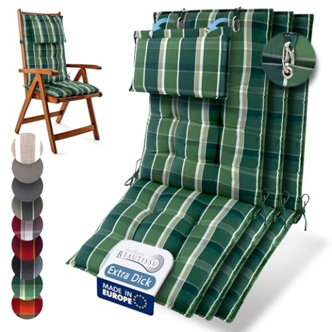 Beautissu 3er Set Premium Hochlehner Auflage Kopfpolster 120x50cm Sun-HL – 8cm Dick Polster Gartenstuhlauflage rutschfest Befestigungsbänder UV-Lichtechtheit 5 – Robust Stoff Grün kariert