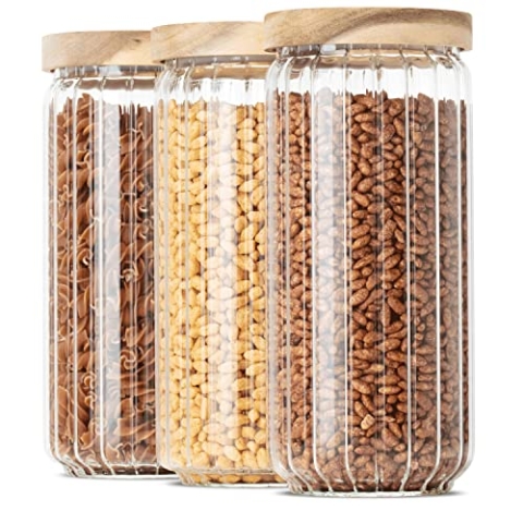 Econovo® Vorratsgläser mit Deckel geriffelt (1000ml | 3-tlg.), stapelbar und luftdicht, Vorratsbehälter Glas mit Rillen-Muster, Vorratsdosen Glas-Behälter Set für Lebensmittel groß & klein