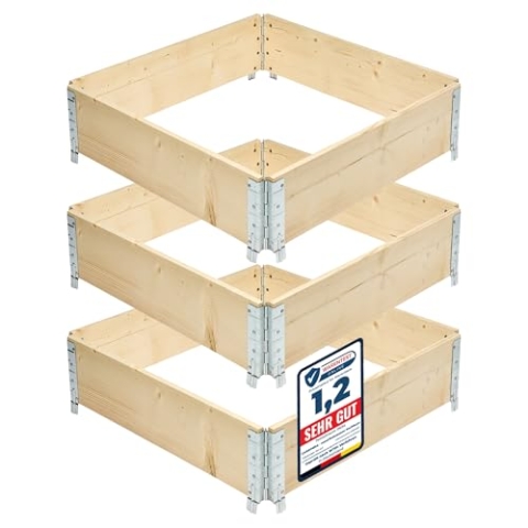 Garronda naturbelassene Hochbeete für Garten Palettenrahmen Hochbeet Holz steckbar stapelbar faltbar für Pflanzen Blumen Kräuter Obst und Gemüse Natural 3 Stück 80x80x20 cm GD-0141