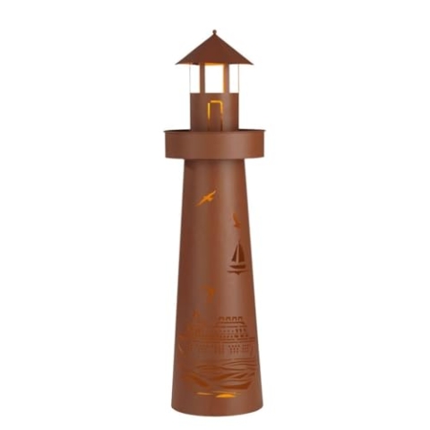 Hoberg LED Pflanzsäule im Leuchtturm Design & maritimer Stanzung in Rost-Optik | Für In- & Outdoor | Mit LED-Beleuchtung, 6h Timer, kabellos | Plattform individuell bepflanzbar [ø 21 x 80 cm]