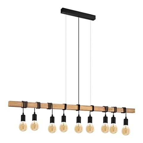 EGLO Pendellampe Townshend, 9 flammige Vintage Pendelleuchte im Industrial Design, Retro Hängelampe aus Stahl und Holz, Farbe: Schwarz, braun, Fassung: E27