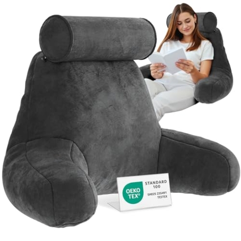 ELONEO Rückenkissen, Lesekissen für Bett und Sofa mit Armlehnen und Abnehmbarer Nackenrolle – Ideal als Rückenstütze für mehr Halt und Komfort von Rücken, Kopf und Nacken