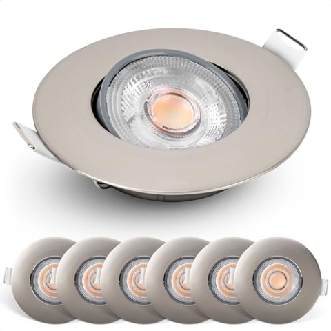 EMOS LED Einbaustrahler 230V dimmbar, 4,9W / 480lm, 50° schwenkbar, warmweiß 2700K | Set mit 6 Stück Einbaustrahler LED Spot ultraflach, rund | Deckenspots LED dimmbar für Innenräume, Farbe silber