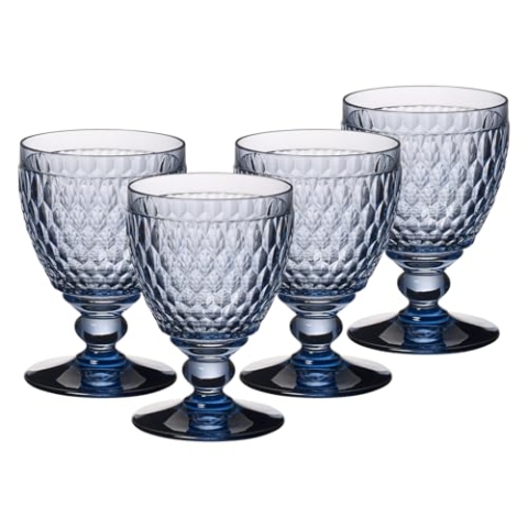 Villeroy & Boch Boston Coloured Wassergläser Blue 4er Set, 400 ml, Farbige Trinkgläser mit Facettenmuster, Kristallglas für Softdrinks, Spülmaschinengeeignet, Blau