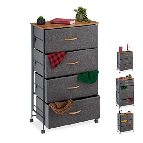 Relaxdays Schubladenschrank mit Rollen, 4 Stoff Schubladen, Deko Stoffschrank, Holzoptik, HBT 93 x 58 x 30 cm, grau