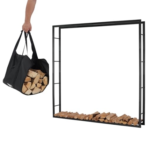 Lendo Online Kaminholzregal + Tragetasche - Innen & Außen - Feuerholzregal - Kaminholzständer - Brennholzregal - Schwarz - Metall (196x25x196cm)