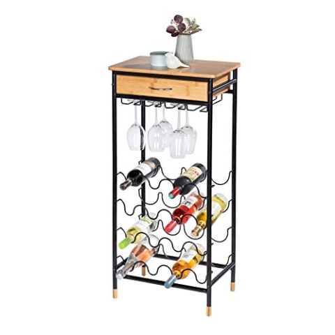 WENKO Weinregal Loft, Regal für bis zu 16 Weinflaschen mit Gläserhalter für bis zu 12 Gläser gefertigt aus naturnahmen Bambus in Kombination mit pulverbeschichtetem Metall in Schwarz, 48 x 95 x 30 cm