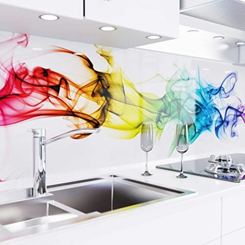 danario Küchenrückwand selbstklebend - Glasoptik - Spritzschutz Küche - versteifte PET Folie - 0,8 mm - Bunter Rauch - 60cm x 400cm