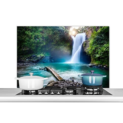 MuchoWow Spritzschutz Küche Küchenrückwand Alu Poster Bilder 100x65 cm Wasserfall - Steine - Landschaft - Pflanzen - Wasser