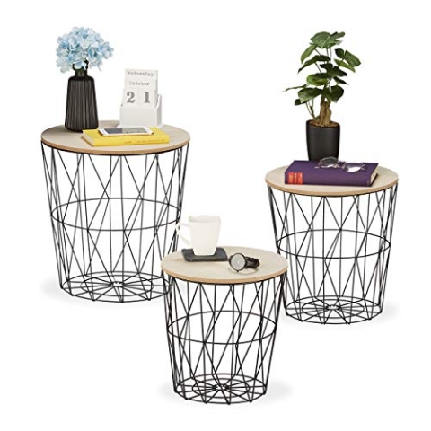 Relaxdays Korbtisch 3er Set, rund, Korb Beistelltisch Wohnzimmer, Metall & Holzoptik, 3 Größen, Drahtkorb-Tisch, schwarz