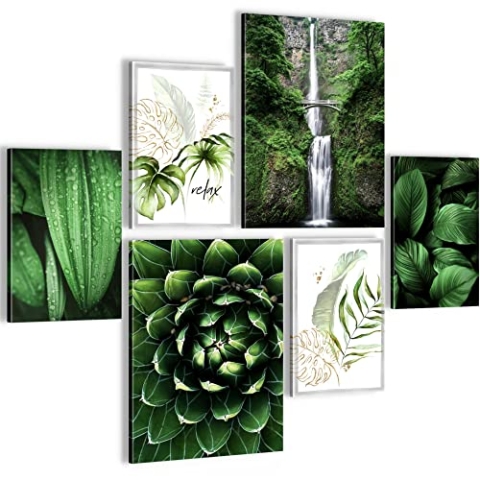 Novart Wandbilder Set Grüne Blätter Wasserfall Pflanze Natur - KEIN EXTRA RAHMEN BENÖTIGT - Modern Deko - Wohnzimmer Schlafzimmer N004063a