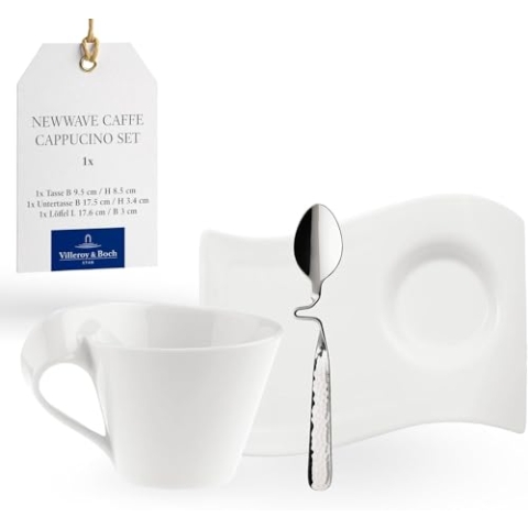Villeroy & Boch – Newwave Caffè Cappuccino Tassen Set, Spülmaschinenfest, Mikrowellensicher, Cappuccinotassen, Kaffee Geschirr Set, Tasse, Untertasse, Löffel, Premium Porzellan, Edelstahl