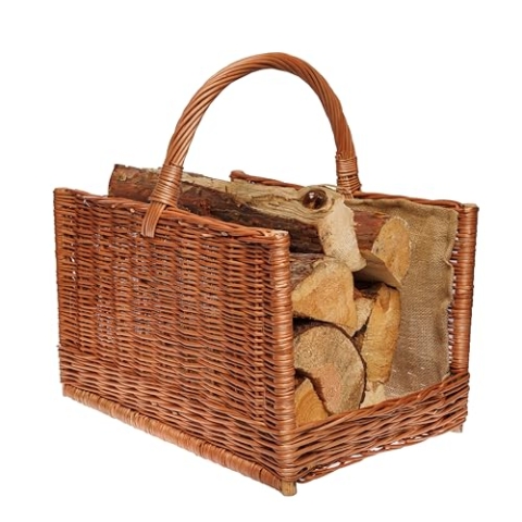 BOGATECO Weidenkorb mit quadratischem Griff | Großer Kaminkorb 51X35X33 | Handgewebt | Mit Jute ausgekleideter Holzkorb | Brennholzkorb