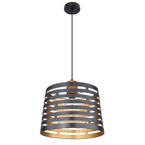 Globo Hängeleuchte Wohnzimmer 35 cm Metall schwarz matt Holz natur Metall schwarz matt goldfarben 15451H1