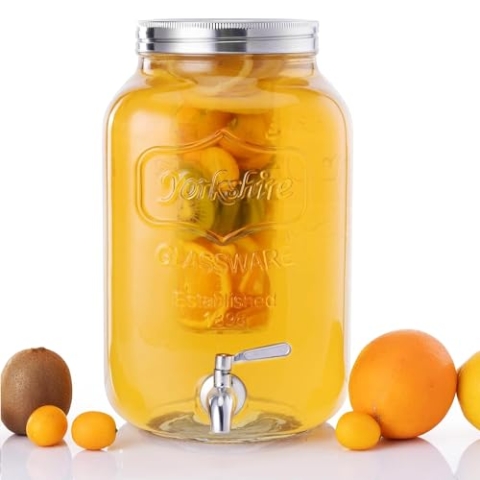 Navaris Getränkespender 8 Liter aus Glas - mit Zapfhahn und Deckel aus Edelstahl - Wasserspender Glasbehälter für kalte Getränke