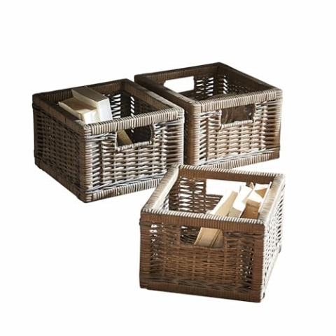 Loberon Korb 3er Set Morvan, von Hand Geflochten, Komfortable Griffe, Fest & Stabil, Ordnungshelfer, Aufbewahrung, Kiefernholz, Rattan, braun