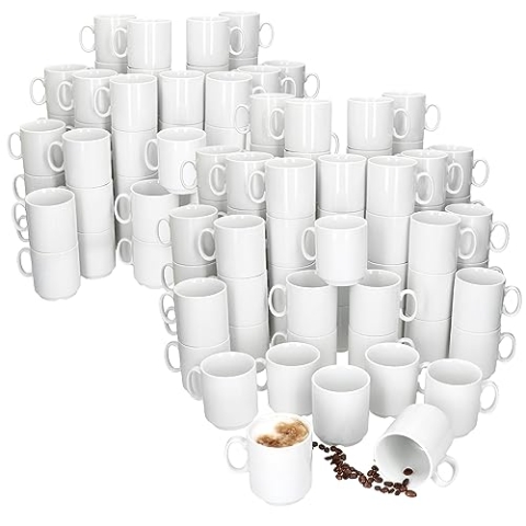 MamboCat Event 96er Set Kaffeebecher I 250 ml I weiße Porzellan-Becher mit Henkel 96 Personen I stapelbare Tassen für Heißgetränke wie Tee, Kakao, Latte Macchiato & Co I schickes Kaffee-Geschirr