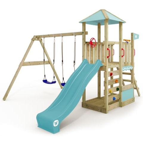 WICKEY Spielturm Klettergerüst Smart Savana mit Schaukel & pastellblauer Rutsche, Outdoor Kinder Kletterturm mit Sandkasten, Leiter & Spiel-Zubehör für den Garten