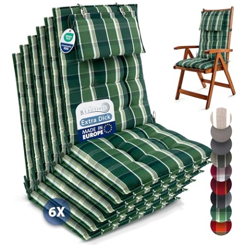 Beautissu 6er Set Premium Hochlehner Auflage Kopfpolster 120x50cm Sun-HL – 8cm Dick Polster Gartenstuhlauflage rutschfest Befestigungsbänder UV-Lichtechtheit 5 – Robust Stoff Grün kariert