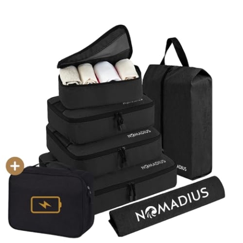 Nomadius® Packing Cubes Set + Kabel Organizer - Premium Travel Set - Durable SBS Reißverschlüsse - Wasserdicht - Inkl. Schuhtasche, Wäschesack und Tech Organizer - Koffer Organizer Set - Reisetasche -