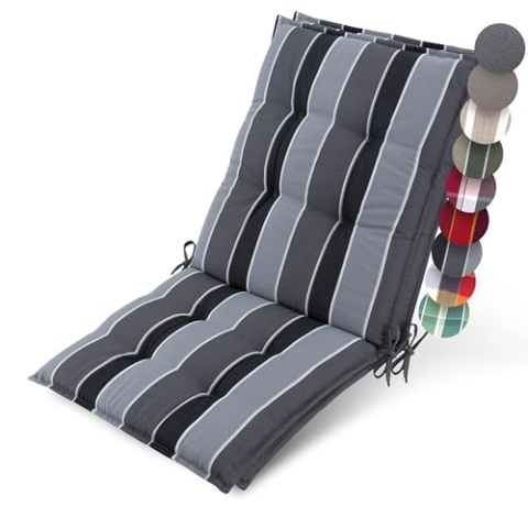 Beautissu 2er Set Premium Niedriglehner Auflage Gartenstuhl 100x50cm Sun-NL – 8cm Dick Polster Gartenstuhlauflage rutschfest Befestigungsbänder UV-Lichtechtheit 5 – Robust Stoff Anthrazit Gestreift