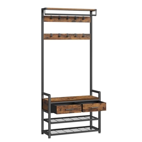 VASAGLE Garderobenständer mit Schuhbank, Garderobe, Schuhaufbewahrung, 2 Schubladen aus Stoff, 10 Haken, 6 seitliche Haken, 30 x 80,4 x 181,6 cm, vintagebraun-tintenschwarz HSR429B01
