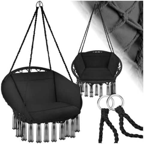 tectake® Indoor und Outdoor Hängesessel, Terrassen und Balkonmöbel, Hängesessel mit Gestell, robuste Konstruktion mit großem weichem Kissen, Hängesessel bis 150 kg - schwarz