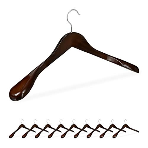 Relaxdays Anzug Kleiderbügel, 10er Set, breite Schulter, 360° drehbarer Haken, Kostüm, Jacken, Holzbügel, Dunkelbraun, Eisen, 10