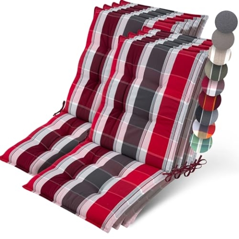 Beautissu 8er Set Premium Niedriglehner Auflage Gartenstuhl 100x50cm Sun-NL – 8cm Dick Polster Gartenstuhlauflage rutschfest Befestigungsbänder UV-Lichtechtheit 5 – Robust Rot-Anthrazit Gestreift
