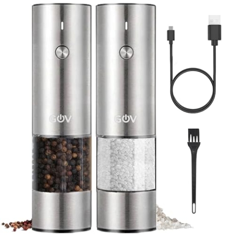 GOV Elektrische Pfeffer- und Salzmühle Set - 75 ml Edelstahl Edition - USB-C Wiederaufladbar - 6 einstellbare Mahlgrößen - Stilvolles Edelstahldesign mit LED-Lampe