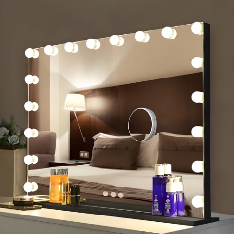 Bayt Hollywood Spiegel 80x60 cm mit LED Beleuchtung – Schminkspiegel Schwarz mit 18 dimmbaren Lampen, 3 Lichtmodi (warm, kalt, neutral), Touchscreen & 10x Vergrößerungsspiegel