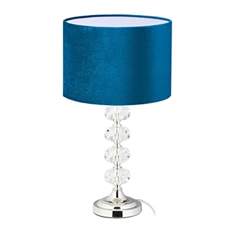 Relaxdays Tischlampe, Samt und Kristall, HxD: 47 x 26 cm, E14-Fassung, Nachttischlampe, indirekte Beleuchtung, blau