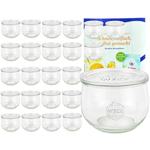 MamboCat 24er Set Weck Gläser 580ml Tulpengläser, 1/2L Sturzgläser mit 24 Glasdeckeln inkl. Gelierzauber Rezeptheft von Diamantzucker I Tulpenglas Einweckgläser mit Deckel für Obst Gemüse UVM