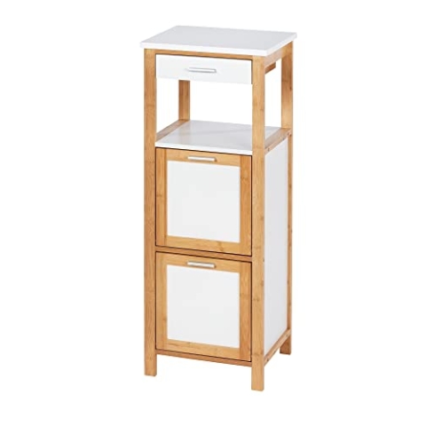 WENKO Regal Finja aus Bambus mit 2 Ablagen, 2 Fächern und Schublade - Badregal, Wohnregal, Bambus, 34 x 89 x 30 cm, Braun, 89 x 30 x 34 cm