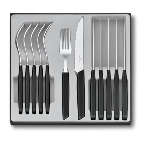 Victorinox Swiss Modern Besteck-Set für 6 Personen, 12-teilig, inkl. scharfe Steakmesser mit Wellenschliff, Kunststoffgriffe, Schwarz