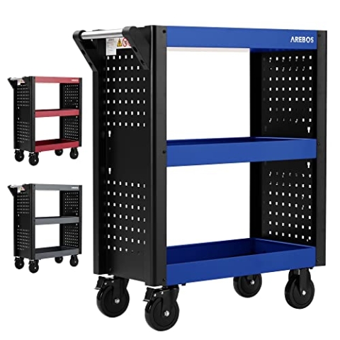 Arebos Servicewagen 3 Fächer | Werkstattwagen | Werkzeugwagen | Rollwagen für Transport und Lagerung | Multifunktionaler Etagenwagen | Allzweckwagen | 18-teiliges Hakenset | Blau/Schwarz