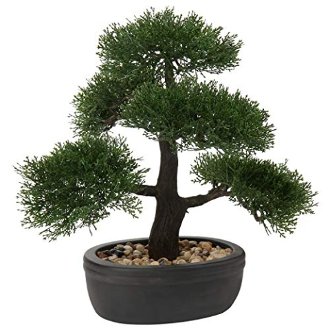 Kunstbonsai Naturgetreue Künstliche Pflanze Kunstbaum Bonsai Zeder Kiefer Podocarpus Plastik Pflanze Kunstpflanze mit Keramik-Übertopf in Schwarz für Baddeko Desktop Büro Fensterbank