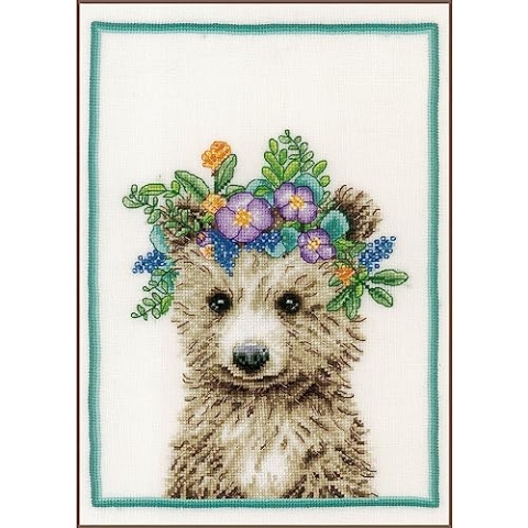 Lanarte Kreuzstich Stickpackungen Gezählter Kreuzstichbilder Set BLUMENKRONE BÄR Wanddekoration Handarbeit Set für Erwachsene 22 x 30 cm DIY Deko Bastelset Handwerker Kreative Geschenkset
