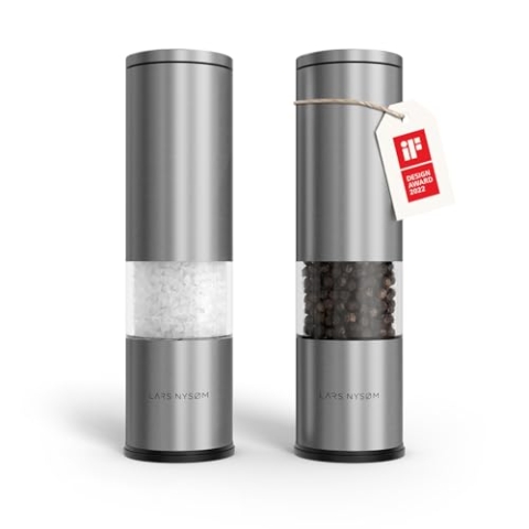 LARS NYSØM Salz und Pfeffer Mühle 2er Set Manuell mit einstellbarem Keramik-Mahlwerk von grob bis fein I Design Gewürzmühlenset (2 Stück) (Stainless Steel)