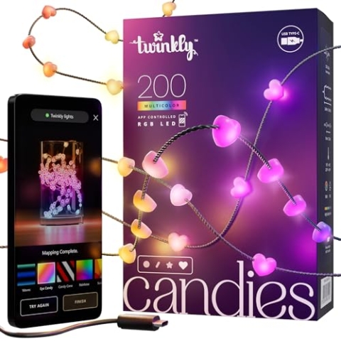 Twinkly Strings USB-C Hearts 200 LED, LED-Lichterkette in Herzform, RGB LED-Lichter Mehrfarbig, Lichter zum Valentinstag, Kompatibel mit Alexa und Google Home, USB-C, Grünes Kabel, 12m