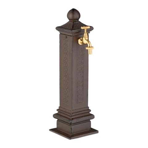 Relaxdays Standbrunnen antik, mit Wasserhahn, HBT: 47x14x18,5 cm, Wasserzapfsäule Garten, Terrasse, Zierbrunnen, braun