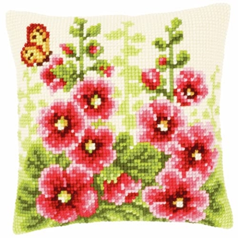 VERVACO Kreuzstich Stickpackungen Kissen Stickerei Set Anfänger Vorgedruckt Stockrosen DIY Set Kreativ Set Für Erwachsene Dekoratives Kissen ca. 40 x 40 cm Bastelset Handwerker Haus Dekoration