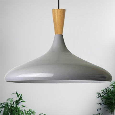 bamyum Champion Pendelleuchte aus Holz, 35 cm Hängelampe Metall E27 Moderne Esstisch Lampe, Skandinavisch Pendellampe für Schlafzimmer Wohnzimmer Küche Esstisch, Küchenlampe Hängend Grau