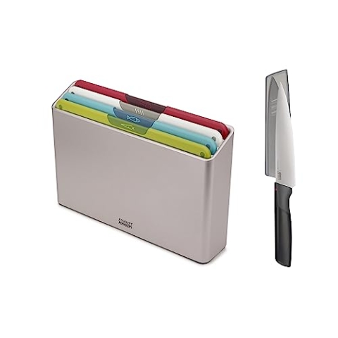 Joseph Joseph Folio Icon 4-teiliges Schneidebrett-Set mit Aufbewahrungskoffer und KOSTENLOSEM japanischem Elevate-Messer aus Edelstahl, Silber