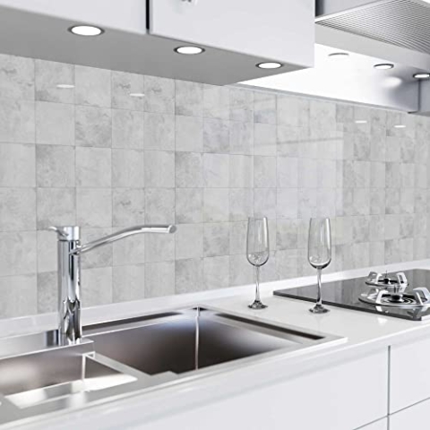 danario Küchenrückwand selbstklebend - Matt - Spritzschutz Küche - versteifte PET Folie - 0,37 mm - Keramikfliesen grau - 60cm x 340cm
