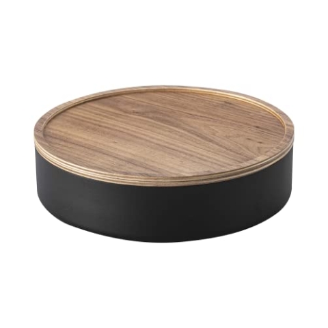 YAMAZAKI 5800 RIN Runde Aufbewahrungsbox mit Deckel, schwarz, Stahl/Holz, minimalistisch, 22 x 22 x 6 cm