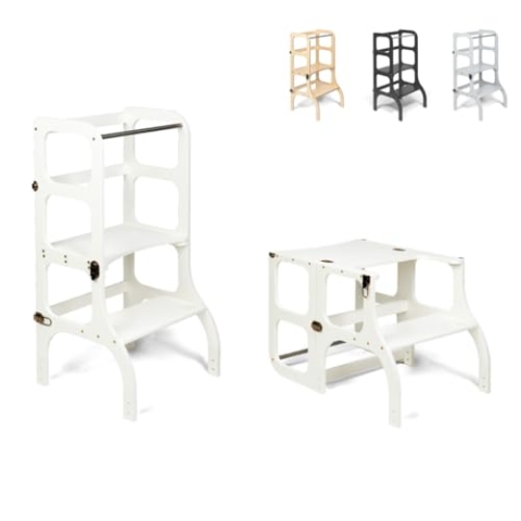 Ette Tete STEP'n'SIT® • Wandelbare Montessori Lernturm + Tisch, 2 in 1 (Mit Messingverschlüssen, Weiß)