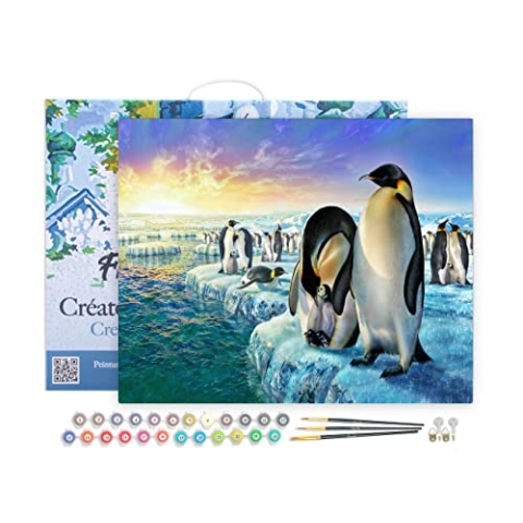Figured'Art Malen Nach Zahlen Erwachsene Mit Rahmen Pinguine auf Eisschollen - Paint by Numbers Basteln DIY Bastelset 40x50cm Leinwand gespannt auf Holzrahmen