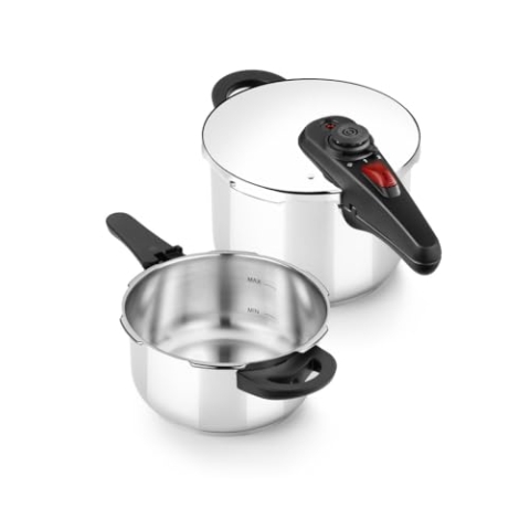 BRA Allure | Schnellkochtopf-Set 4+6 Liter, Edelstahl 18/10, mit 2 Kochprogrammen und Öffnungsverriegelungssystem, geeignet für alle Herdarten, Silberfarben
